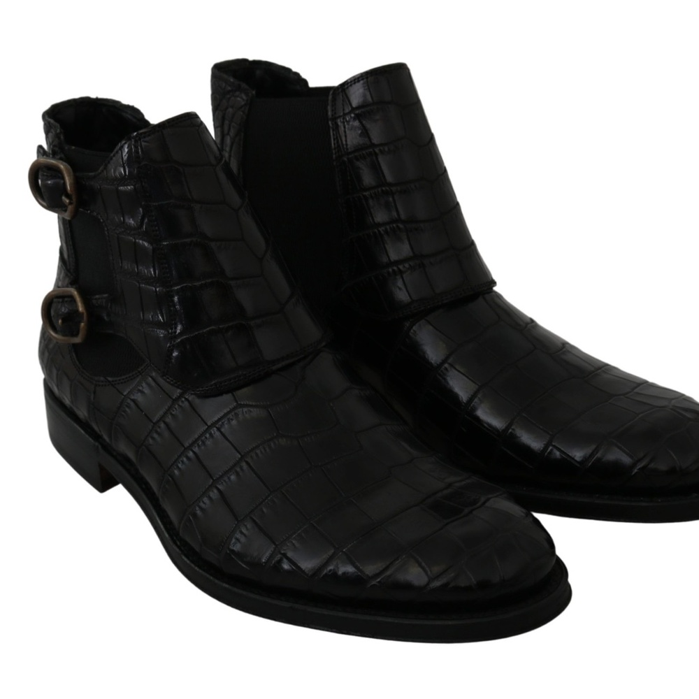 DOLCE & GABBANA Black Crocodile Leather Derby Boots Shoes